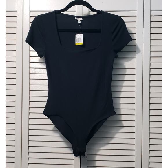 Self Esteem Ribbed Bodysuit Junior's Size Medium Black Short Sleeve Square Neck - Picture 1 of 8